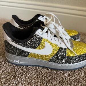 Nike Air Force 1s: black and yellow rhinestone Sneakers-Black, Yellow, and White